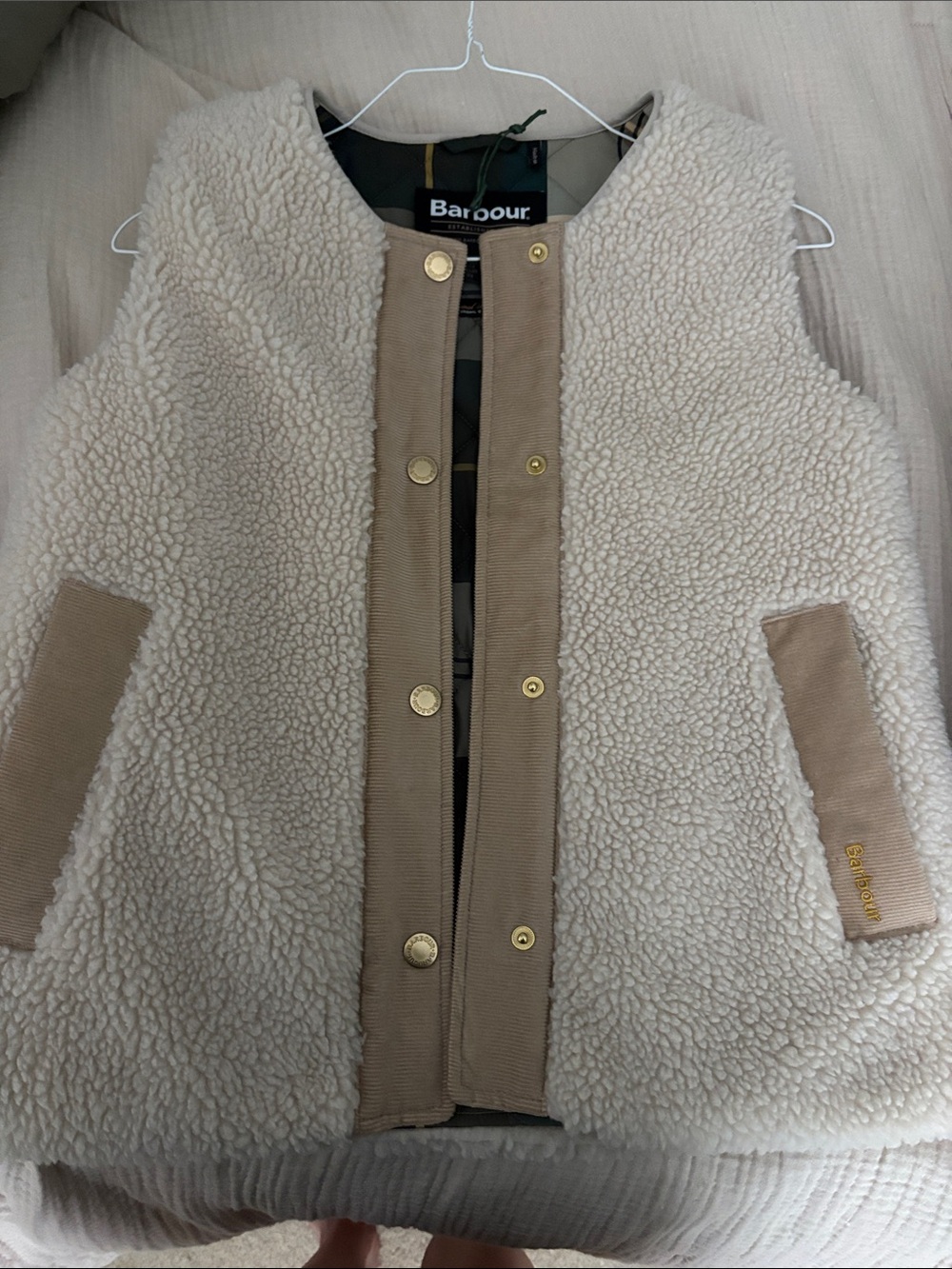 Barbour Cream Sherpa/Shearling Vest with Tan Trim